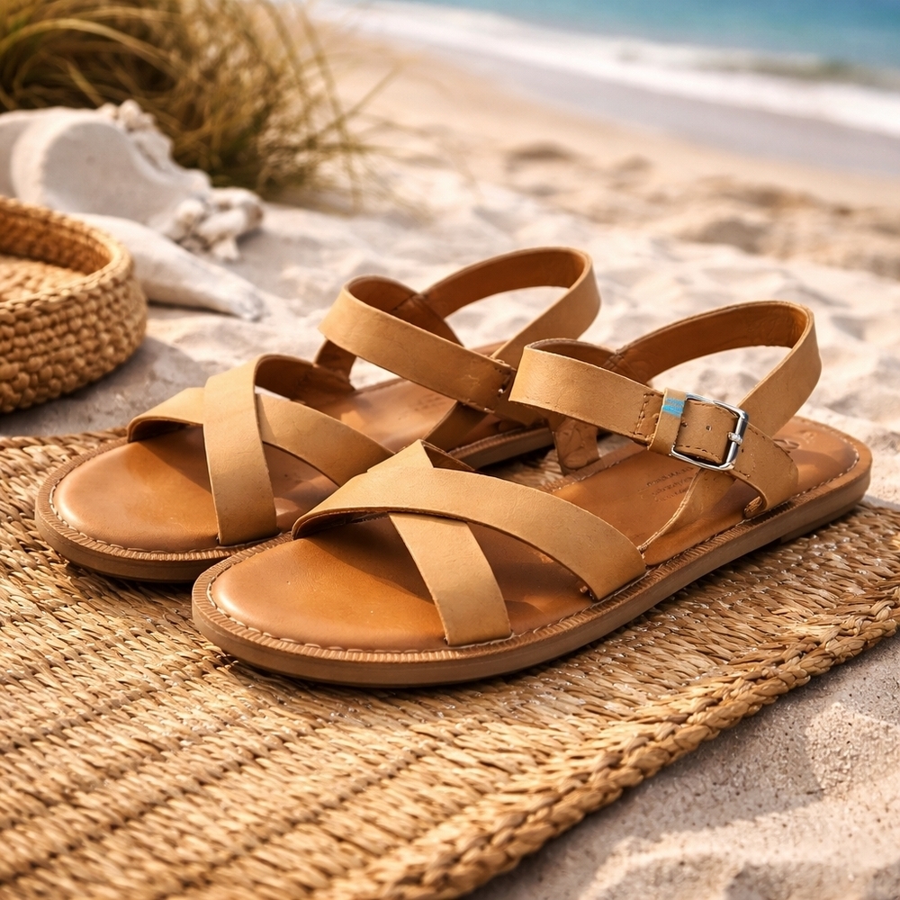 TOMS Leather Strappy Sandals Women’s Size 7 Tan Buckle Flat Summer Minimalist